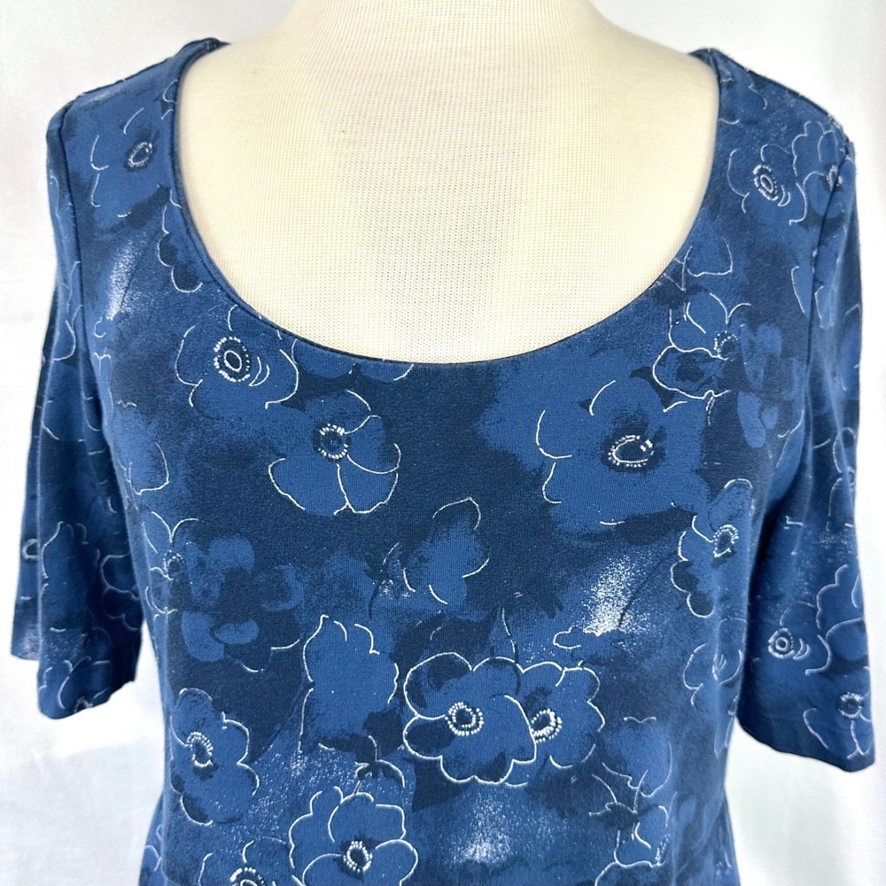 PACT Organic Cotton Blue Floral Fit & Flare Scoop Midi Dress Women's L Pockets - Picture 2 of 6